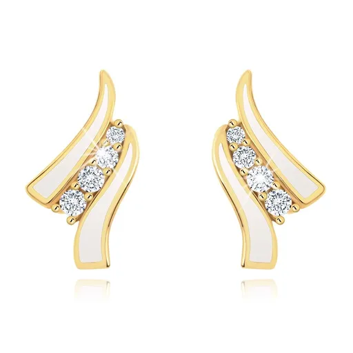 Náušnice v žltom 14K zlate - dve biele vlnky, línia čírych zirkónov