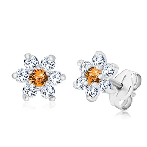 Strieborné 925 náušnice - trblietavý zirkónový kvet s medovo oranžovým stredom