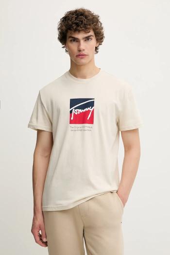 Bavlnené tričko Tommy Jeans pánske, béžová farba, s potlačou, DM0DM21940