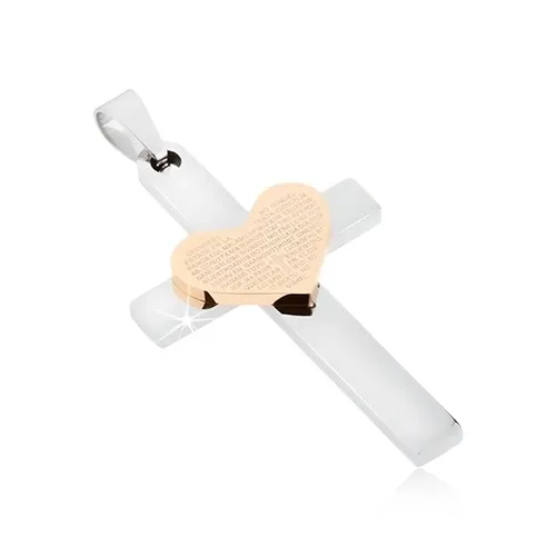 Prívesok z ocele, kríž so zrkadlovým leskom, srdce zlatej farby s nápisom