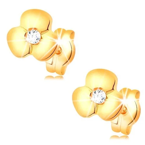 Zlaté náušnice 585 - lesklý kvietok s čírym zirkónom uprostred, puzetky