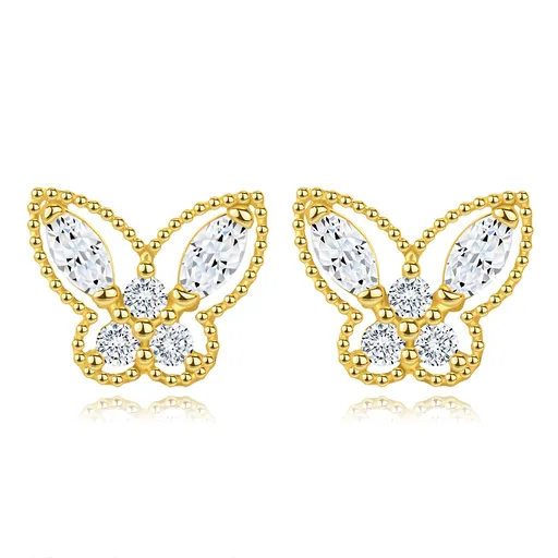 Náušnice zo žltého 585 zlata - štruktúrovaný motýľ, číre zirkóny, puzetky