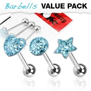 Piercingy do jazyka - SET srdiečko, hviezda, kruh so zirkónmi - Farba zirkónu: Aqua modrá - Q