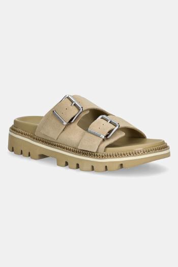 Semišové šľapky Tommy Jeans DOUBLE STRAP SANDAL SUEDE dámske, béžová farba, na platforme, EN0EN02797