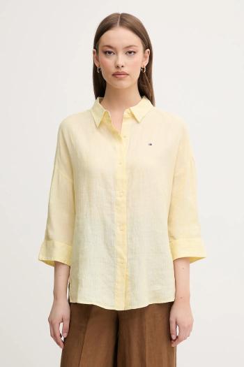 Ľanová košeľa Tommy Hilfiger žltá farba, voľný strih, s klasickým golierom, WW0WW46169