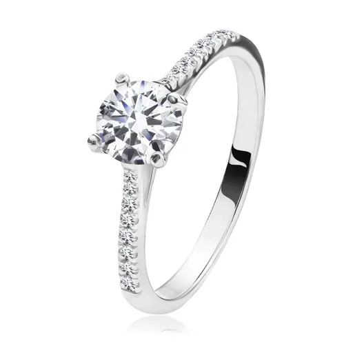 Zásnubný strieborný 925 prsteň - číry zirkón v strede, zirkónové ramená - Veľkosť: 54 mm