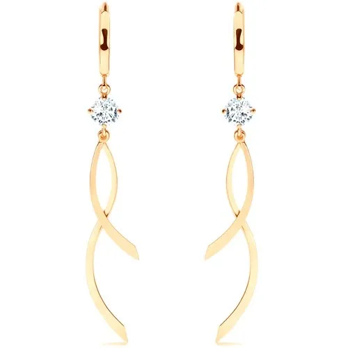 Visiace náušnice v žltom 14K zlate, hladký krúžok, číry zirkón, lesklé vlnky