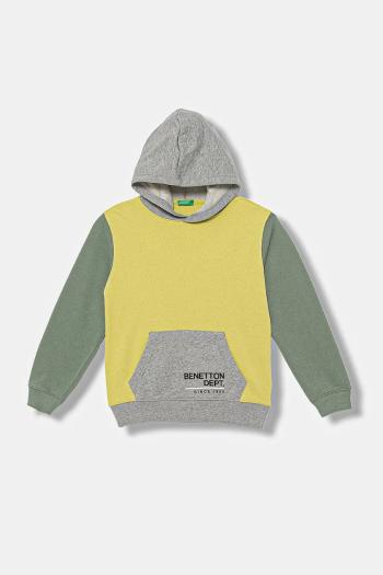 Detská bavlnená mikina United Colors of Benetton zelená farba, s kapucňou, s potlačou, 3J68C204V