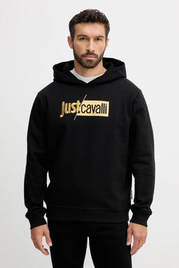 Bavlnená mikina Just Cavalli čierna farba, s kapucňou, s potlačou, 79OAIB01 CF802