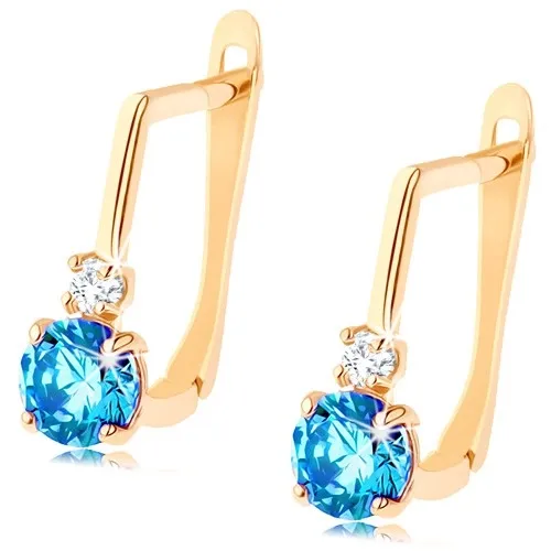 Zlaté náušnice 585 - okrúhly syntetický topás modrej farby, číry zirkónik