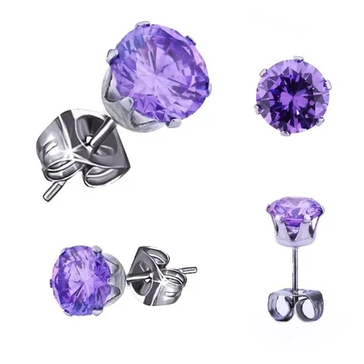 Oceľové náušnice striebornej farby, okrúhly tanzanitový zirkón, 3 mm