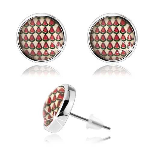 Kabošon náušnice, číra vypuklá glazúra, motív malých pokrájaných melónov