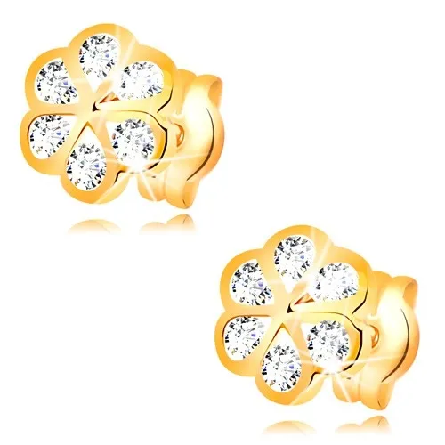Náušnice zo žltého 14K zlata - kvietok s hladkými obrysmi a čírymi zirkónmi