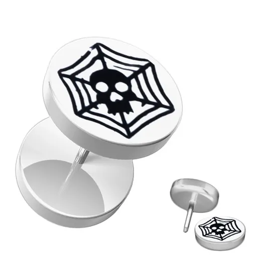 Akrylový falošný piercing do ucha - biely, lebka, pavučina