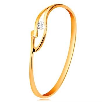 Prsteň zo žltého zlata 585 s trblietavým zirkónikom, rozdelené zvlnené ramená - Veľkosť: 54 mm