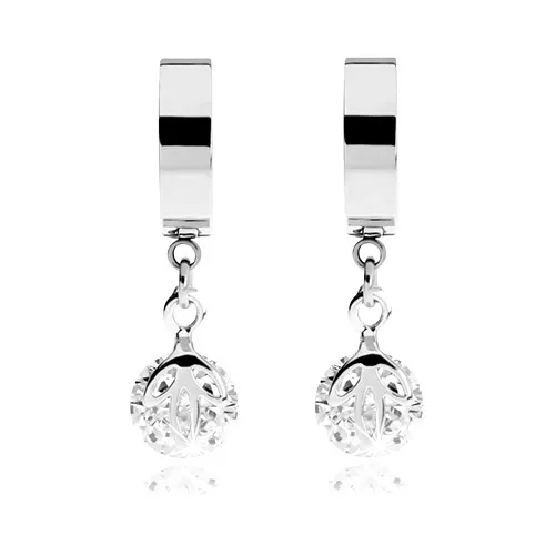 Lesklé oceľové náušnice striebornej farby, visiaci číry zirkón