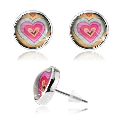 Okrúhle náušnice s čírym vypuklým sklom, farebné srdiečka, puzetky