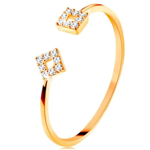 Prsteň zo žltého 14K zlata s oddelenými ramenami, malé zirkónové štvorce - Veľkosť: 59 mm