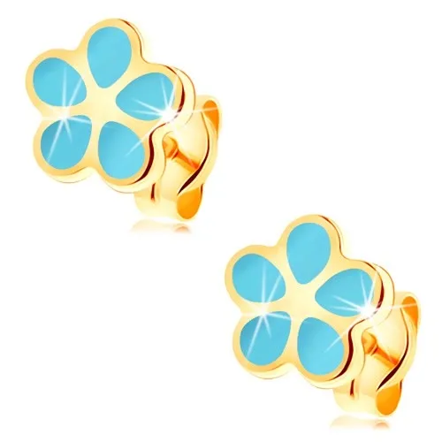 Náušnice v žltom 14K zlate - kvietok pokrytý svetlomodrou glazúrou, puzetky