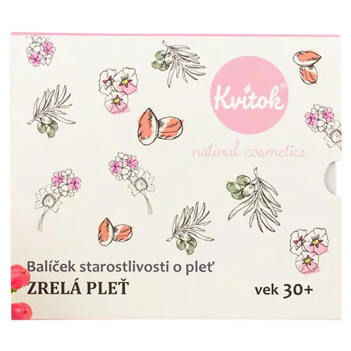 KVITOK Starostlivosť o zrelú pleť 30+ Čistiaci olej 30 ml + Kvetinová voda 30 ml + Denný krém 15 ml + Nočný krém 15 ml Darčekové balenie