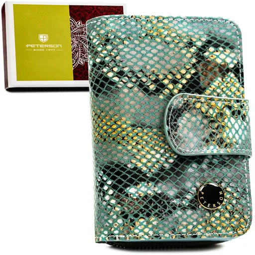 Stredná dámska peňaženka z pravej kože vybavená vertikálnou orientáciou, zapínaná na patentku, sponu a zips - Peterson