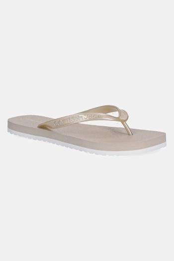 Šľapky Calvin Klein Jeans THONG+ TPU METALLIC béžová farba, na plochom podpätku, YW0YW01720