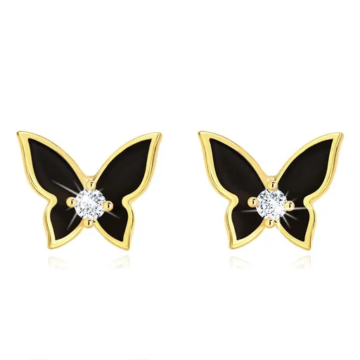 Náušnice v žltom 14K zlate - malý motýlik pokrytý čiernou glazúrou, číry zirkón