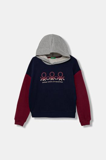 Detská bavlnená mikina United Colors of Benetton tmavomodrá farba, s kapucňou, s potlačou, 3J68C204W