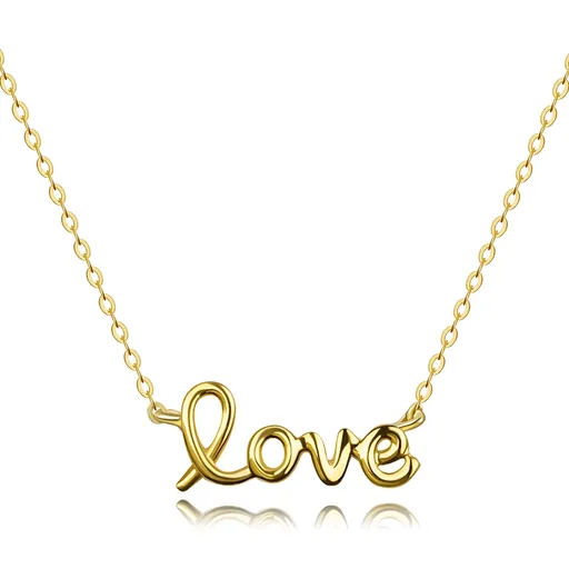 Zlatý náhrdelník v žltom 9K zlate - lesklý nápis love, jemná retiazka