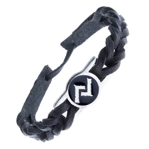 Úzky náramok z kože - čierny pletenec, runa "Jera" na známke