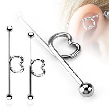 Oceľový piercing do ucha - činka so srdcom a guličkami - Dĺžka piercingu: 38 mm