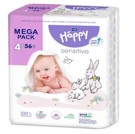 BELLA HAPPY Baby mega pack čistiace vlhčené obrúsky sensitive 224 kusov