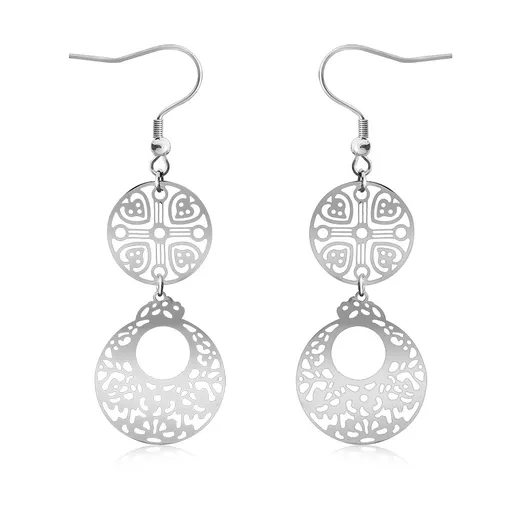 Filigránové oceľové náušnice - dva kruhy s vyrezávanými ornamentmi, afroháčik