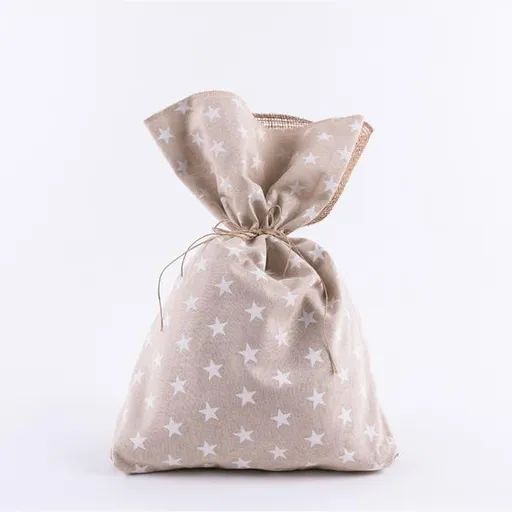 Eurolamp Vianočné dekorácie vrece béžové s bielymi hviezdami, 34 x 47 cm, 1 ks