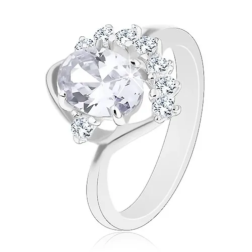 Ligotavý prsteň so zahnutým ramenom, číre oválne a okrúhle zirkóny, oblúčik - Veľkosť: 49 mm