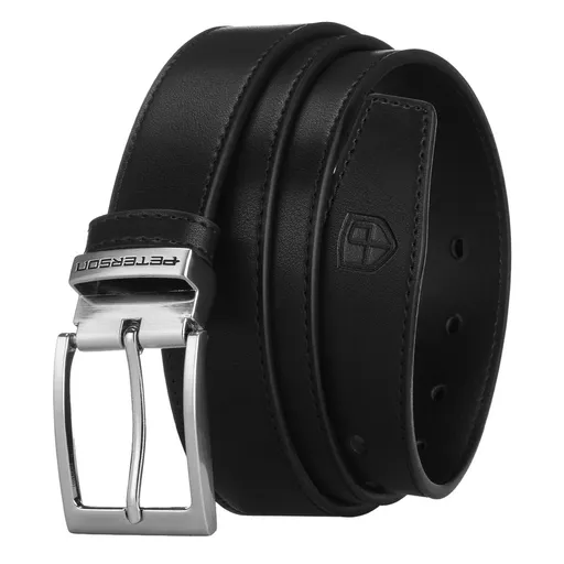 Pánsky čierny kožený opasok so striebornou prackou
