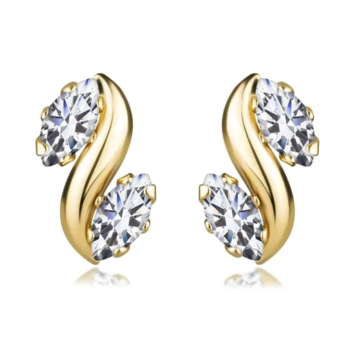 Zlaté náušnice v 14K žltom zlate - vlnka, číre zirkóny, puzetky