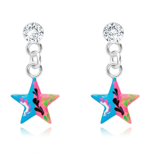 Strieborné 925 náušnice, číry krištáľ Swarovski, modro-ružová hviezdička