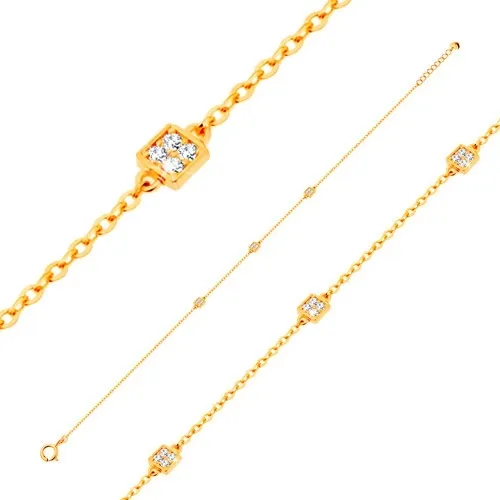 Zlatý náramok 585 s oválnymi očkami a tromi ligotavými štvorčekmi