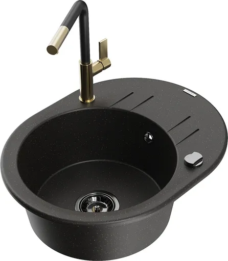 MEXEN/S MEXEN/S - Kevin granitový drez 1-miska s odkvapkávačom vrátane batérie Flora, čierna/zlatá metalik 6517-75-670401-57-B