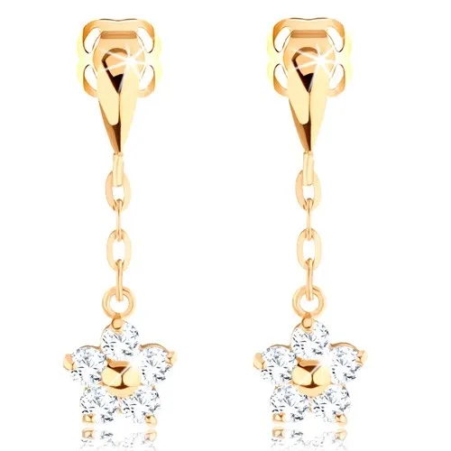 Visiace náušnice v žltom 14K zlate - slzička, číry kvet na retiazke