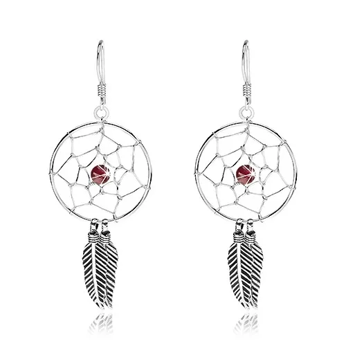 Strieborné náušnice 925, tmavočervená guľôčka, okrúhly lapač snov, 20 mm