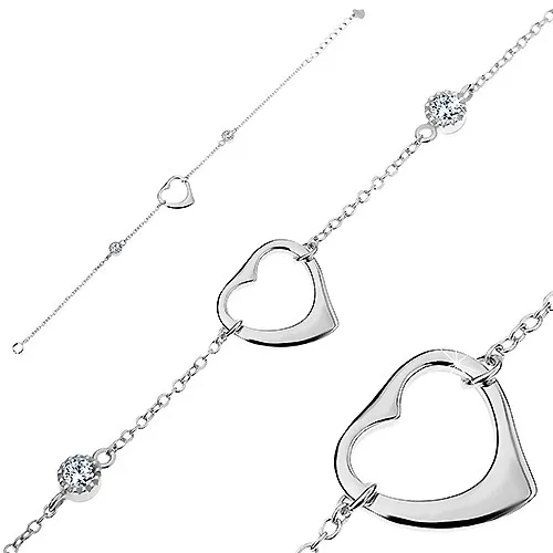 Nastaviteľný náramok - striebro 925, lesklá srdcová kontúra, dva okrúhle zirkóny