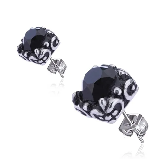 Náušnice z ocele - čierny kamienok, objímka, puzetky