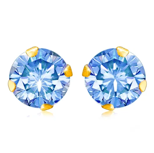 Náušnice v 9K zlate - okrúhly zirkón vo svetlomodrej farbe vložený medzi paličky