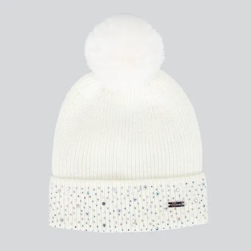 Dámska zimná krémová čiapka s brmbolcom a ozdobnými kamienkami 101-HF-204-0