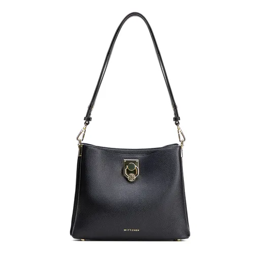 Dámska ramenná kožená kabelka s prackou čierno-zlatá 100-4E-605-1G
