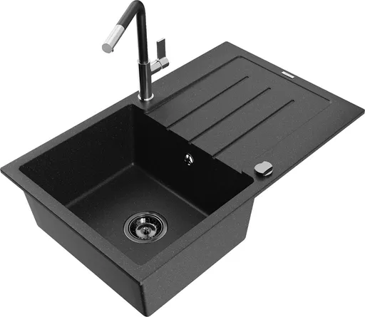 MEXEN/S MEXEN/S - Bruno granitový drez 1 s odkvapkávačom vrátane batérie Flora, čierna/strieborná metalík 6513-73-670401-07-B