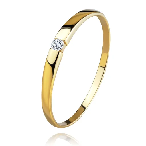 Zlatý 14K prsteň - ligotavý zirkón čírej farby, hladké vypuklé ramená - Veľkosť: 58 mm