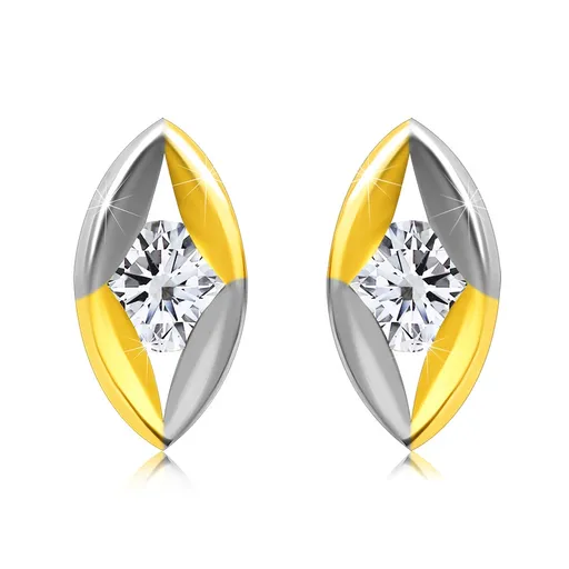 Náušnice z kombinovaného 9K zlata - číry zirkón v kontúre zrnka, puzetové zapínanie